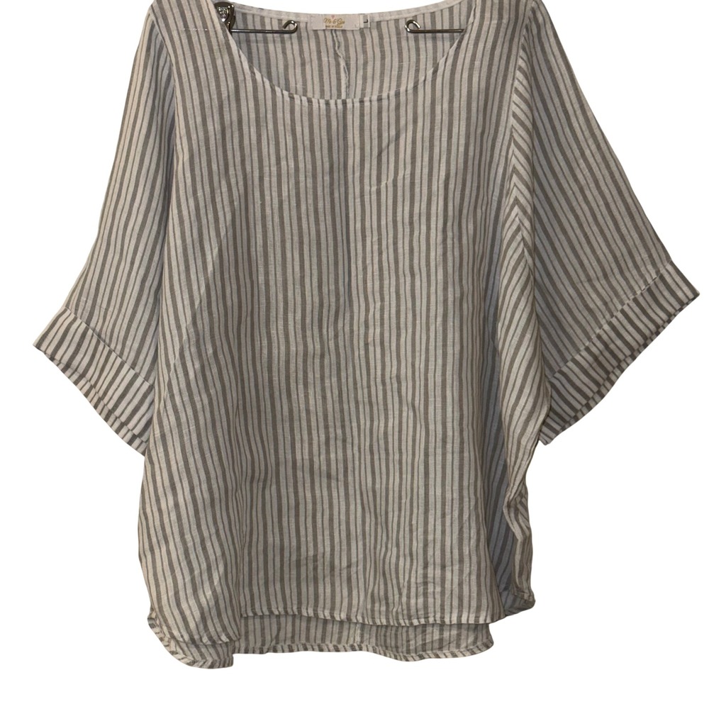 Me & Gee Grey White Striped Linen Blend Oversized Blouse Made in Italy Top L